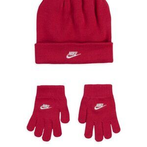 *NWT NIKE Girls Beanie Hat Cap Gloves 2Piece Set Knit Rush Pink White Logo Youth